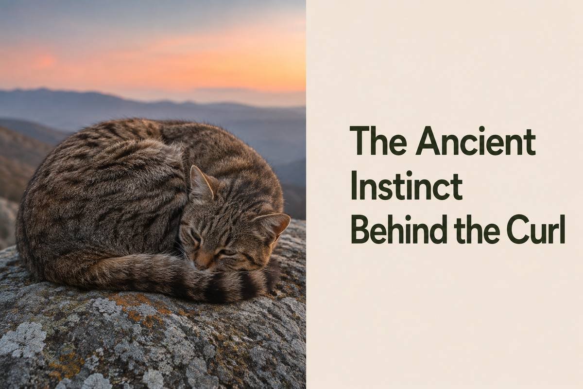 Tabby cat curled tightly on a rock outdoors at dusk