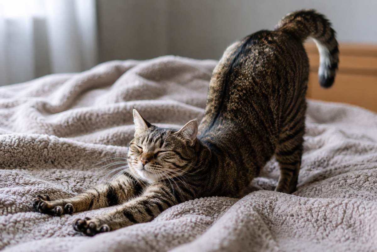 Cat stretching after sleeping with its back arched and paws extended
