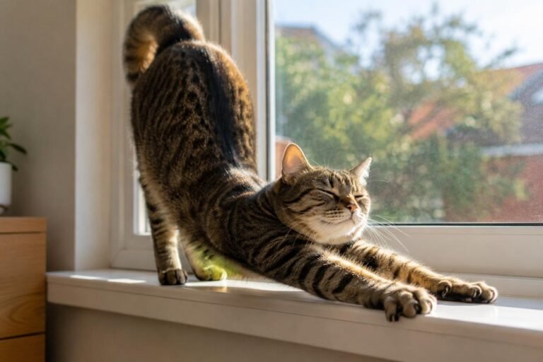 Cat stretching after waking up on a sunny windowsill