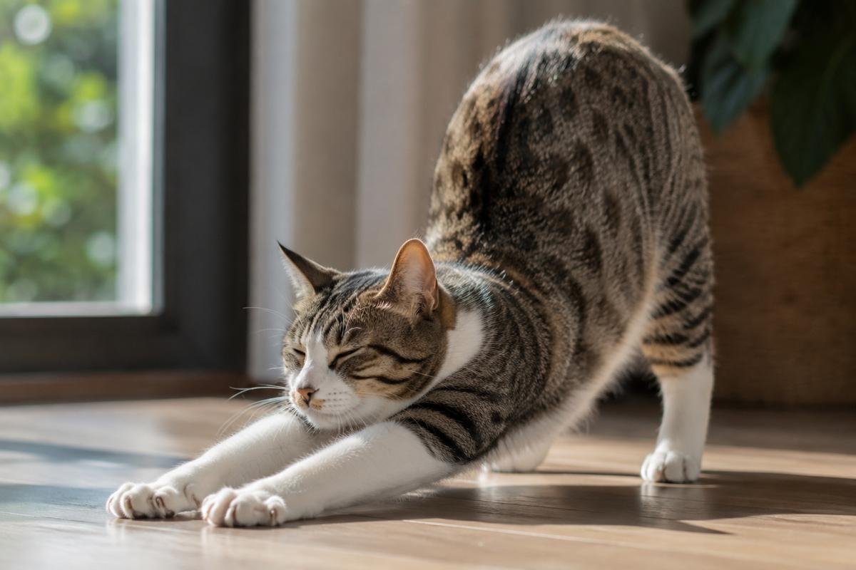 Cat arching its back during a stretch to show spinal flexibility
