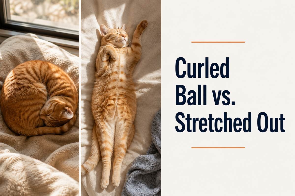 Cat curled in a ball compared with cat stretched out sleeping
