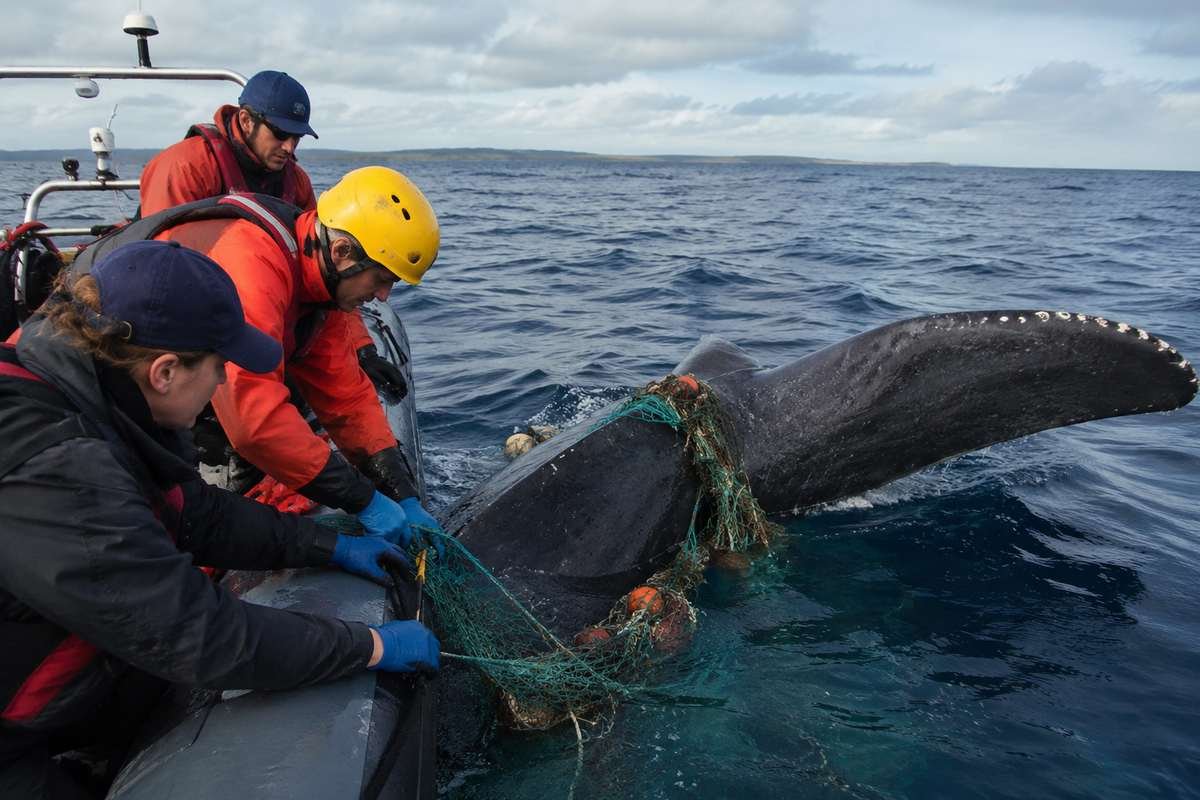 Marine researchers responding to a whale entangled in fishing gear

