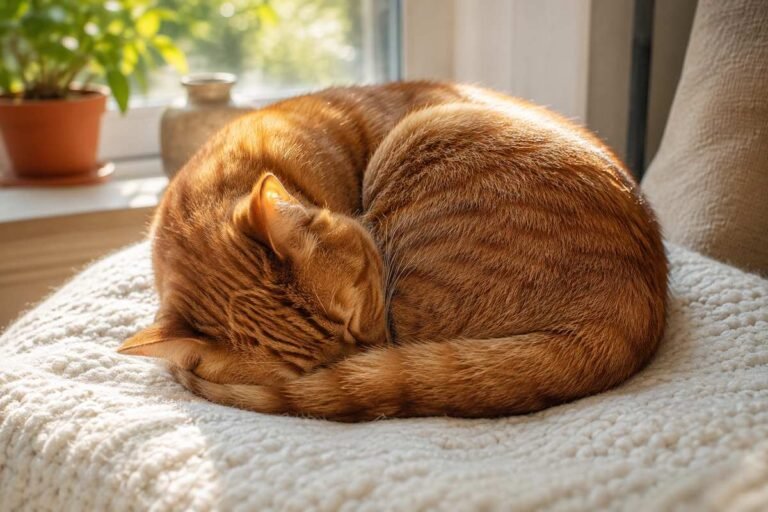 Ginger tabby cat curled up in a ball on a blanket