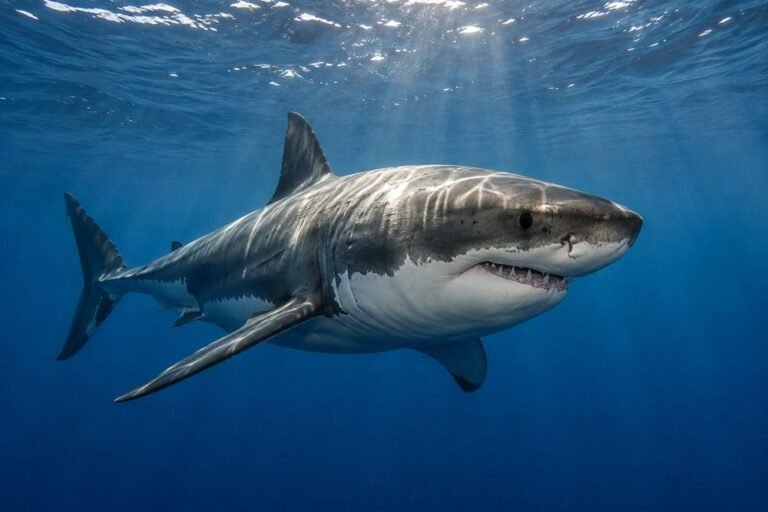 Great white shark swimming through open blue ocean water