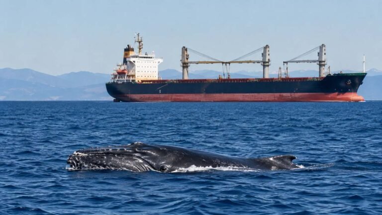 Humpback whale surfacing near a large cargo ship in the open ocean