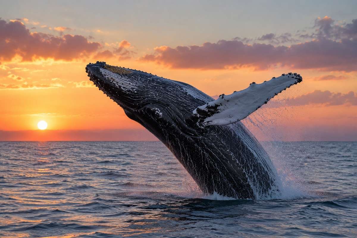 Humpback whale breaching, a species that has shown strong population recovery