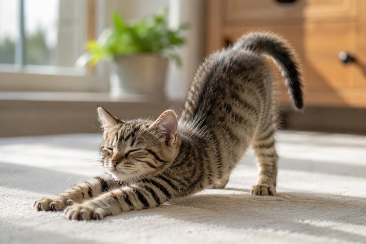 Young kitten stretching after a nap indoors
