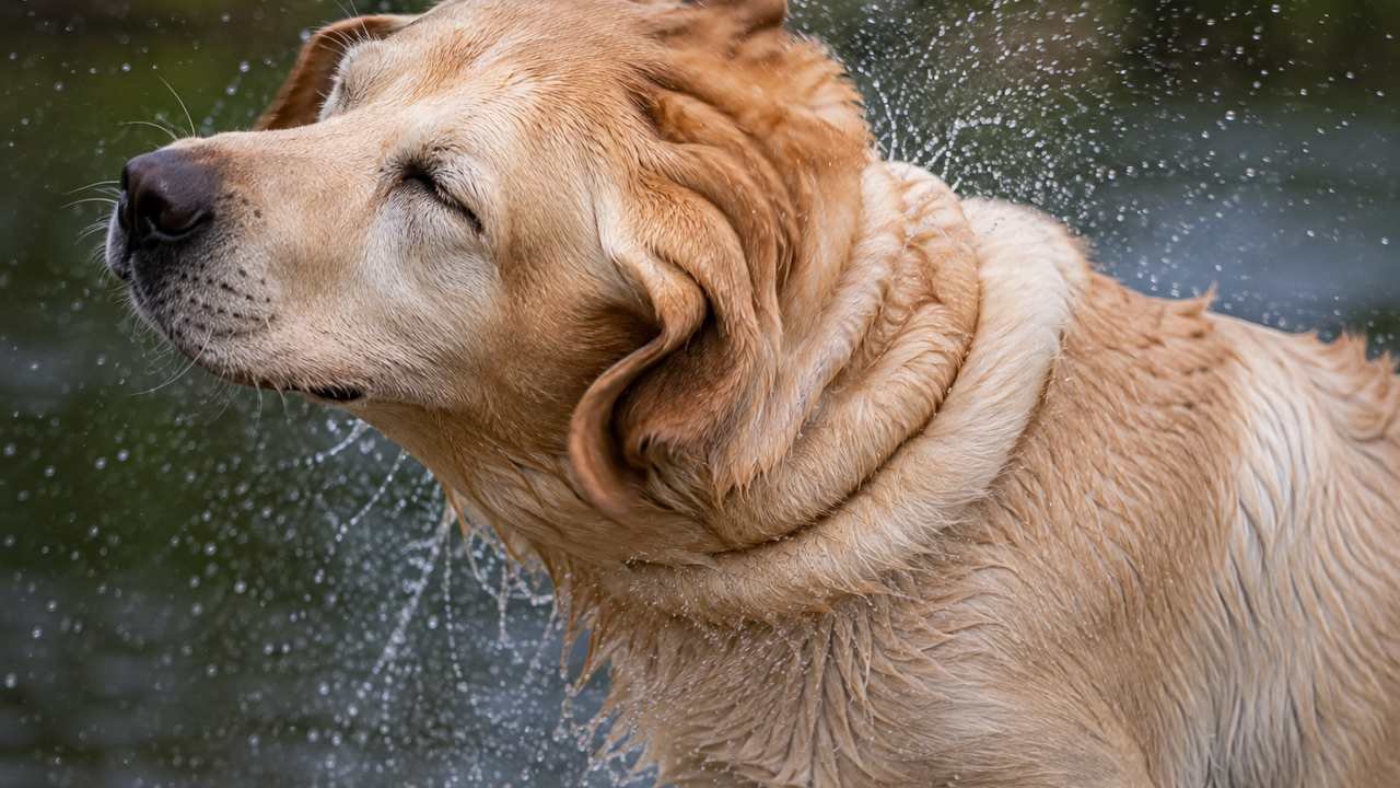 Dog's loose neck skin moving during a shake