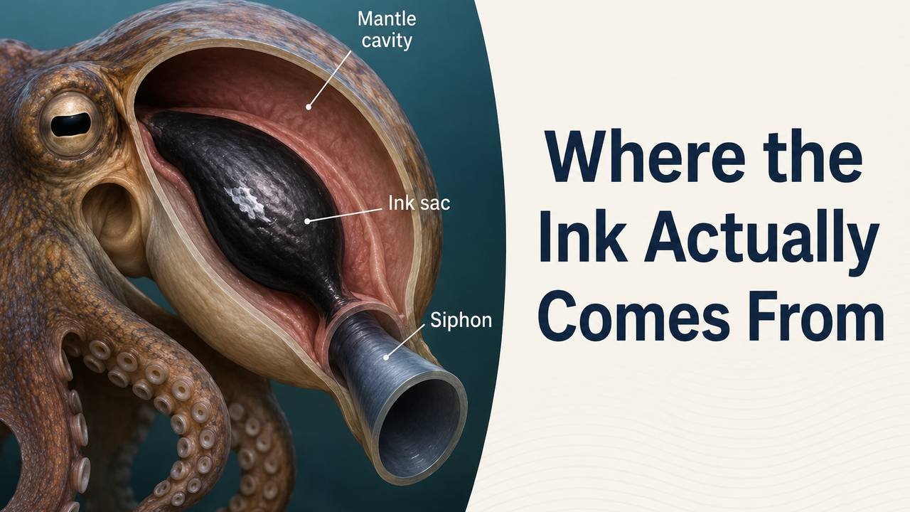 Octopus mantle showing the ink sac and siphon