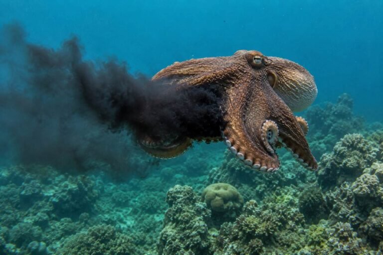 Octopus releasing a dark ink cloud underwater near a coral reef