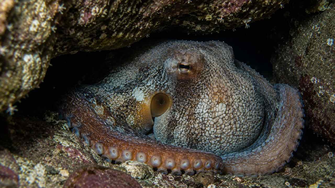 Female octopus guarding eggs in an underwater den, showing its reproductive life cycle