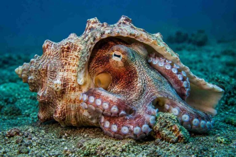 Octopus hiding inside a seashell on the ocean floor