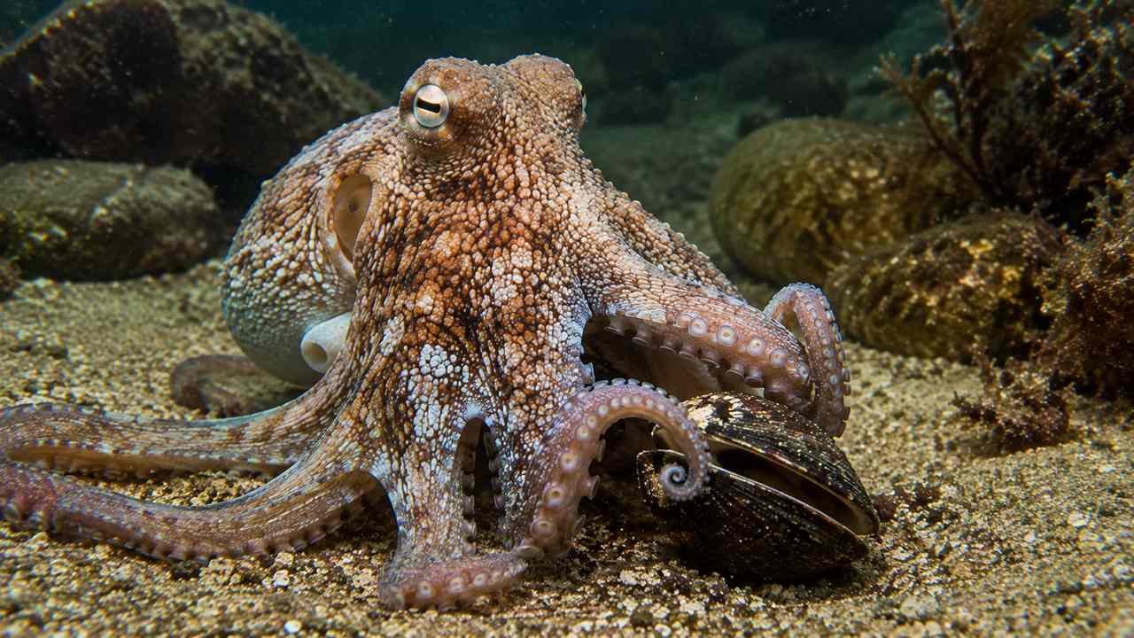 Giant Pacific octopus in cold Pacific waters, representing the longest octopus lifespan