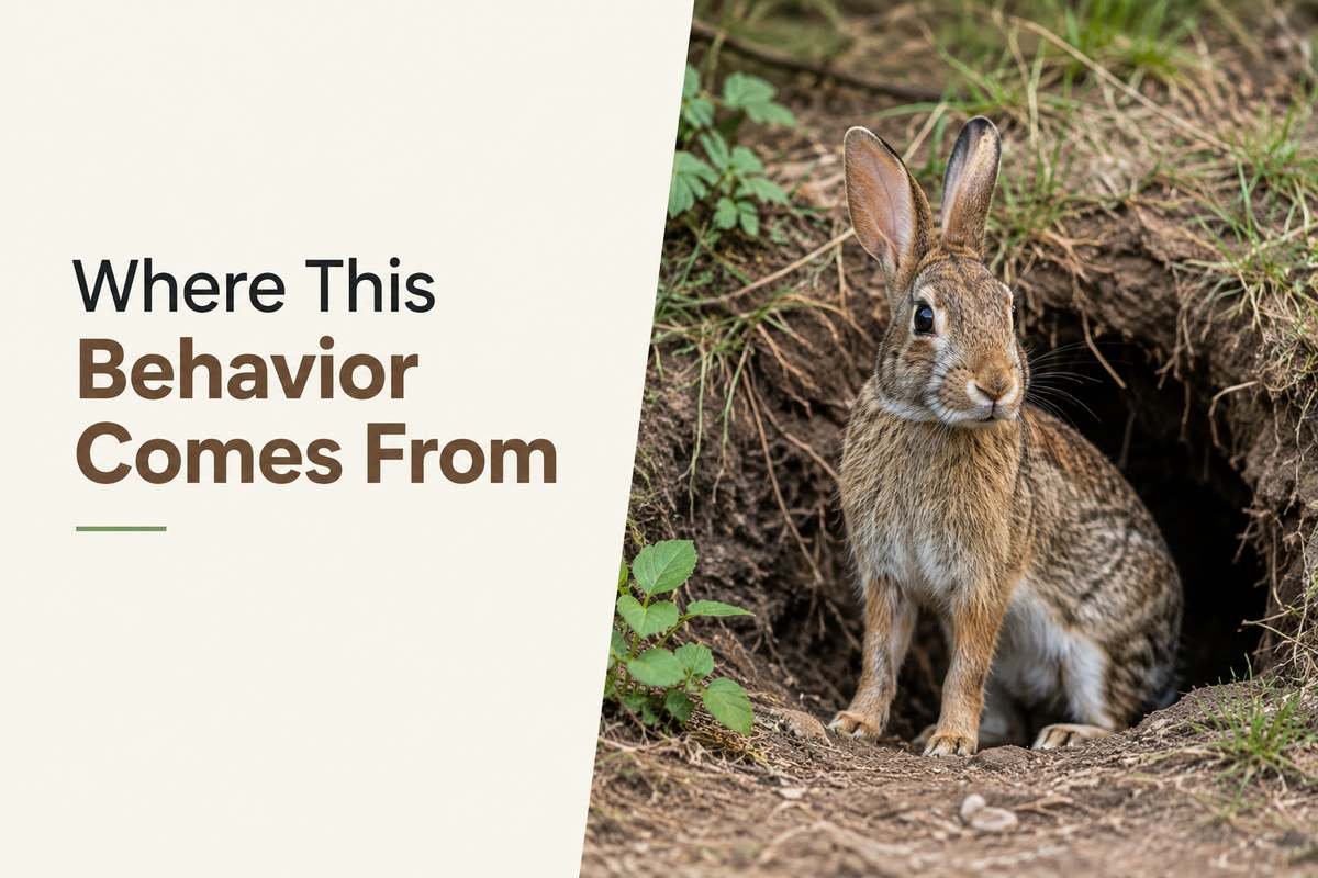 Wild rabbit standing alert near the entrance to its underground burrow