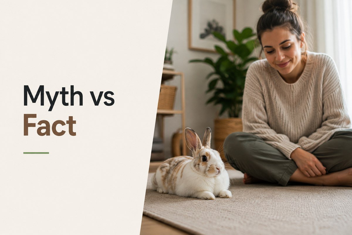 Owner sitting calmly near a relaxed pet rabbit on the floor