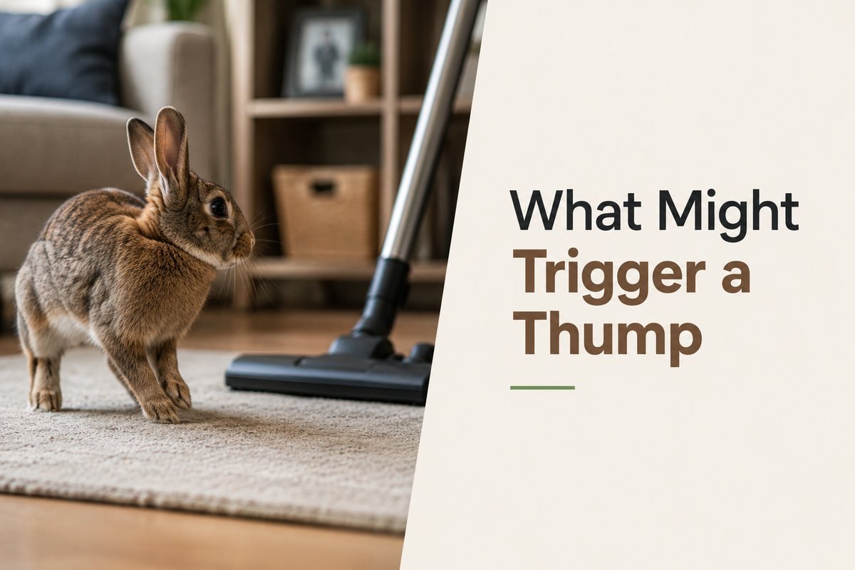 Alert rabbit reacting to a household noise with a vacuum cleaner nearby