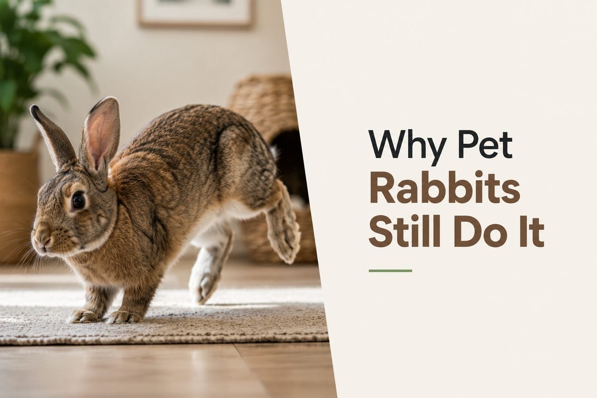 Domestic pet rabbit indoors with one hind foot raised during a thumping response