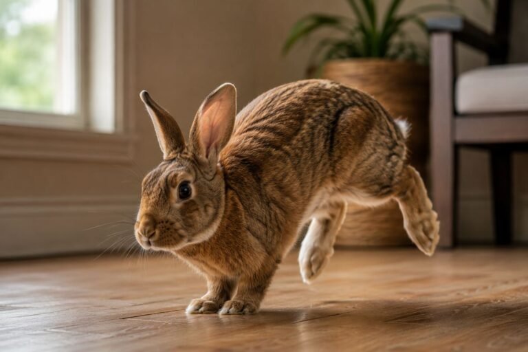 Domestic rabbit thumping its hind foot on a wooden floor indoors