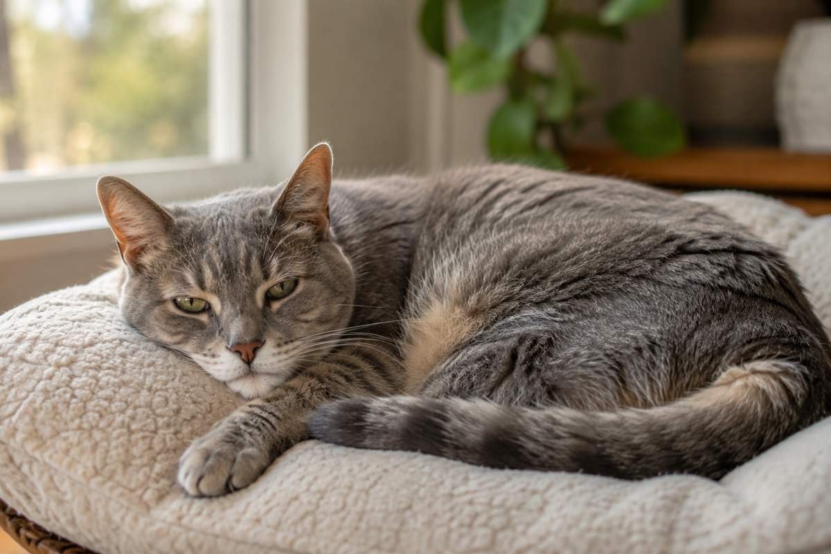 Senior cat resting comfortably on a soft cushion