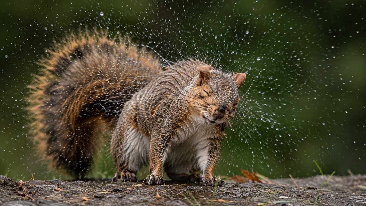 Small mammal shaking water from its fur