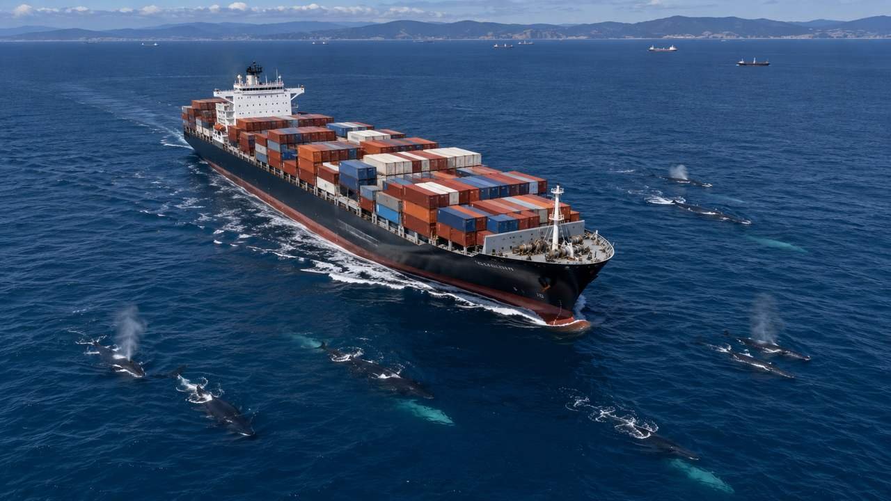 Cargo ship crossing whale migration route, a leading cause of why whales are endangered
