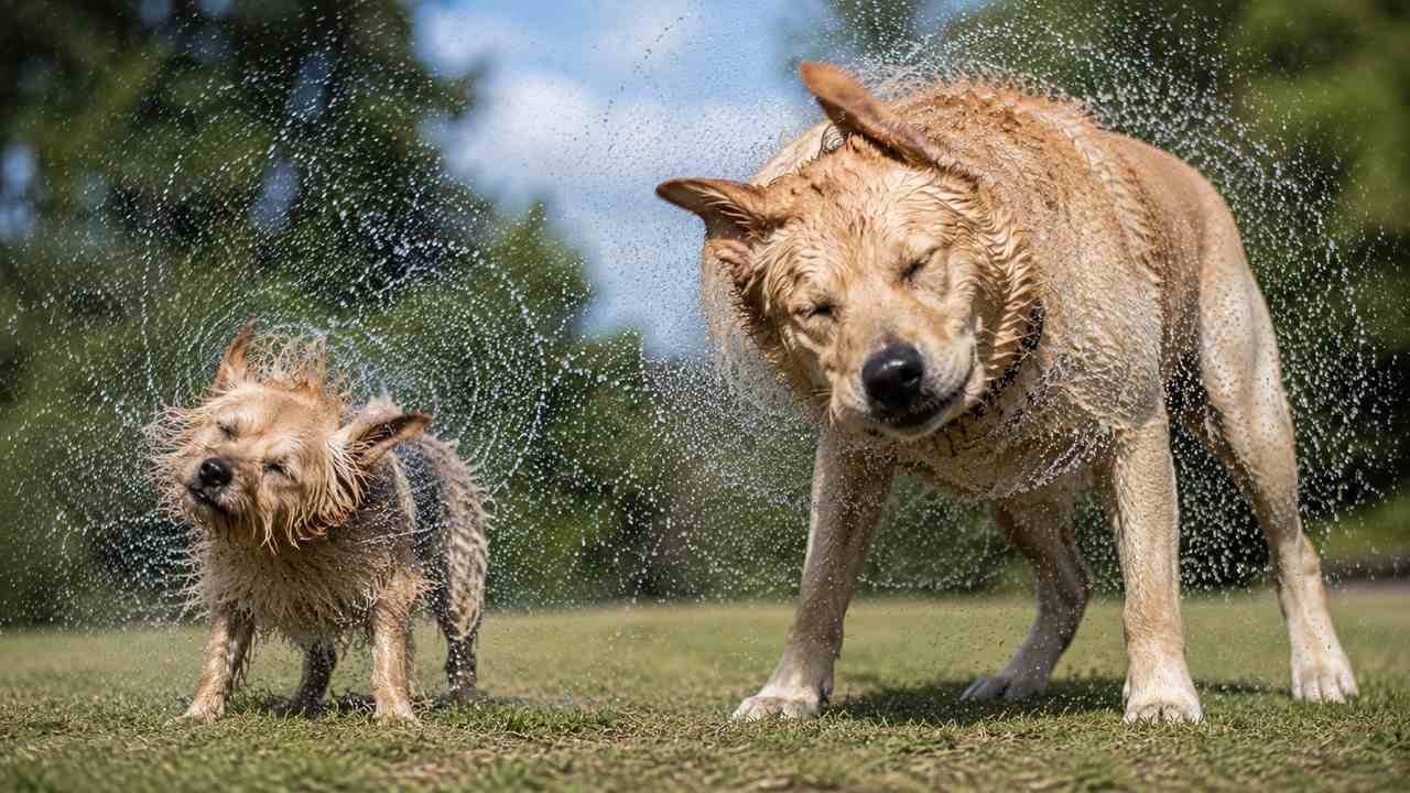 Small and large dogs shaking water from their coats