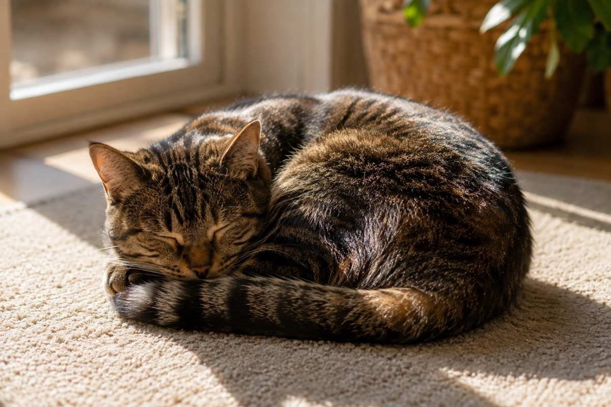 Sleeping cat curled up in a sunny spot
