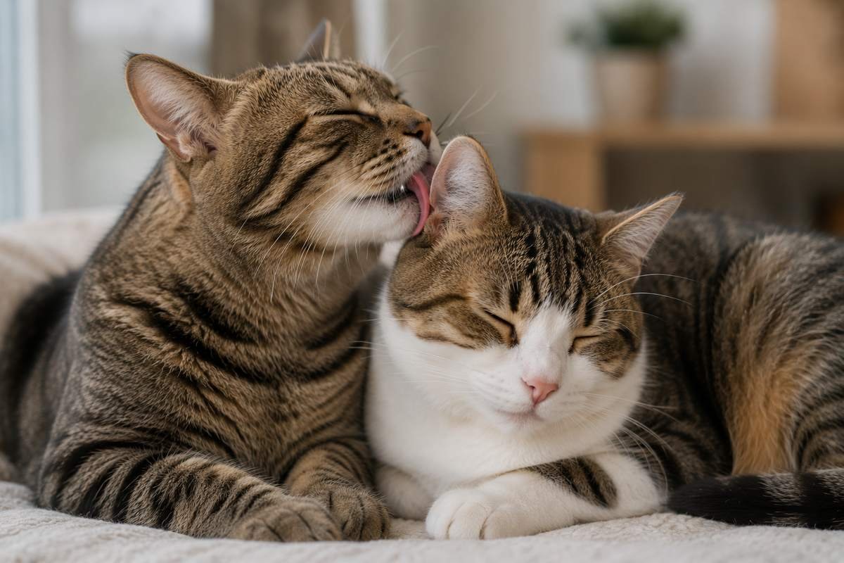 Two cats grooming each other and showing social interaction