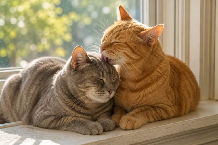Two cats grooming each other to show trust and social bonding