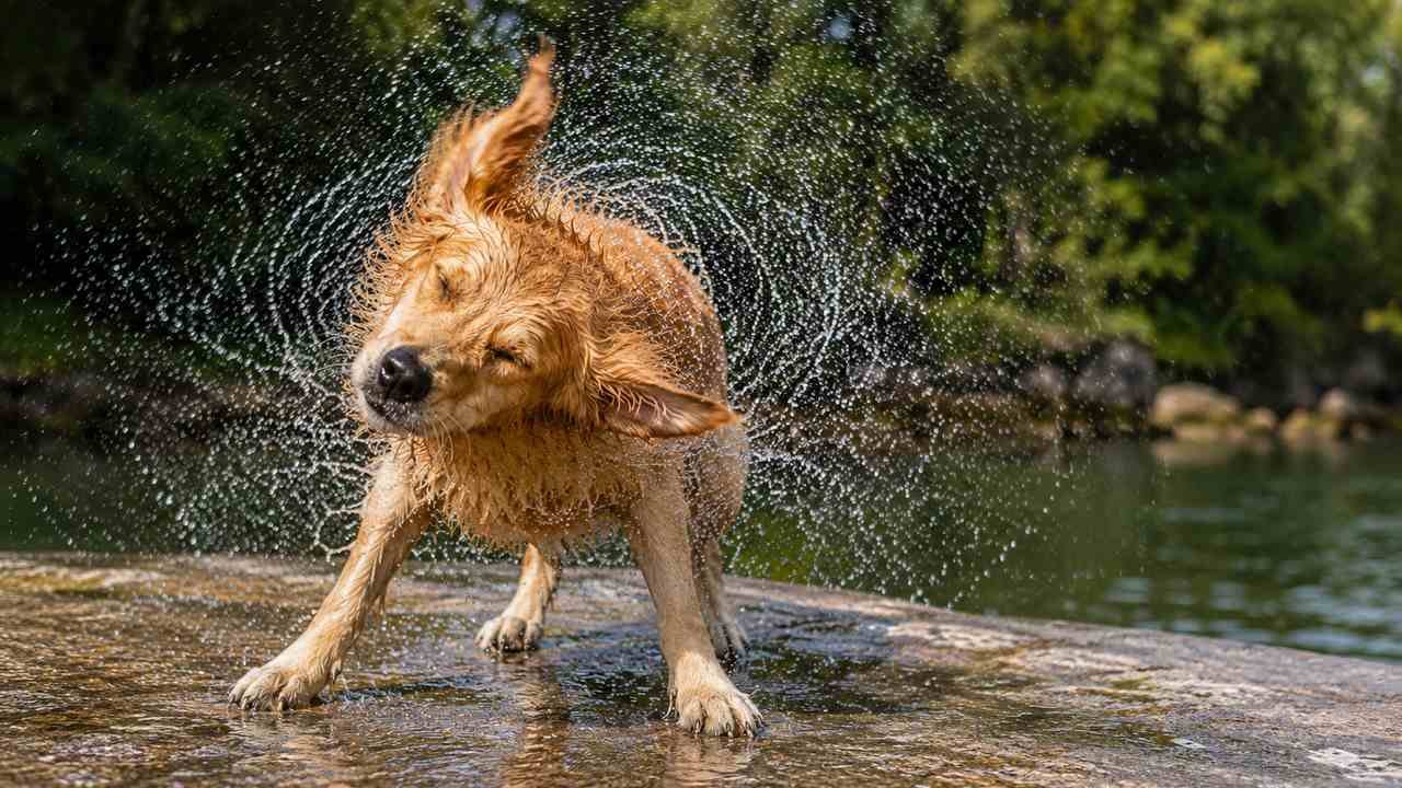 Dog shaking off water after getting wet