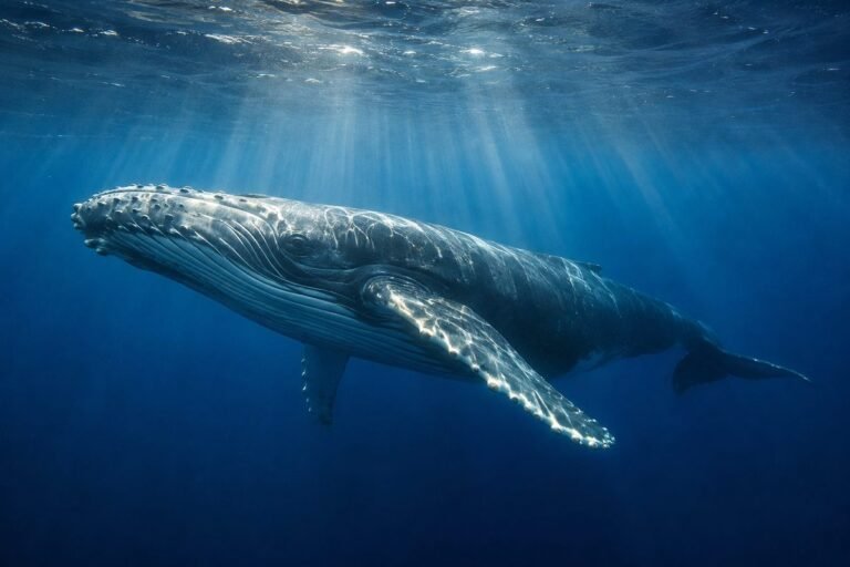Large whale swimming through deep blue ocean water