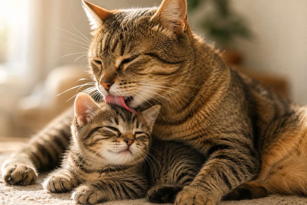 Mother cat grooming her kitten