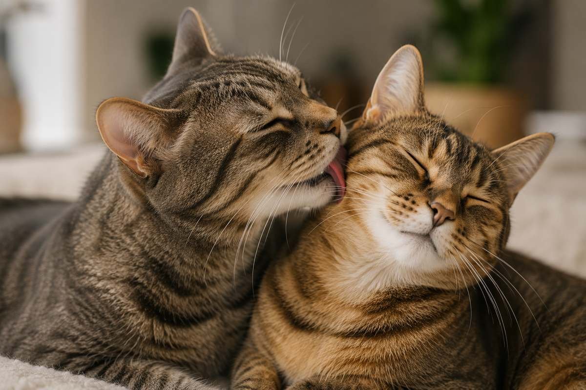 Cat grooming another cat's neck as a sign of trust