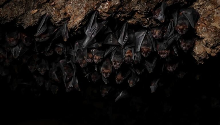 Alt Text: Bats hanging upside down together on a cave ceiling
