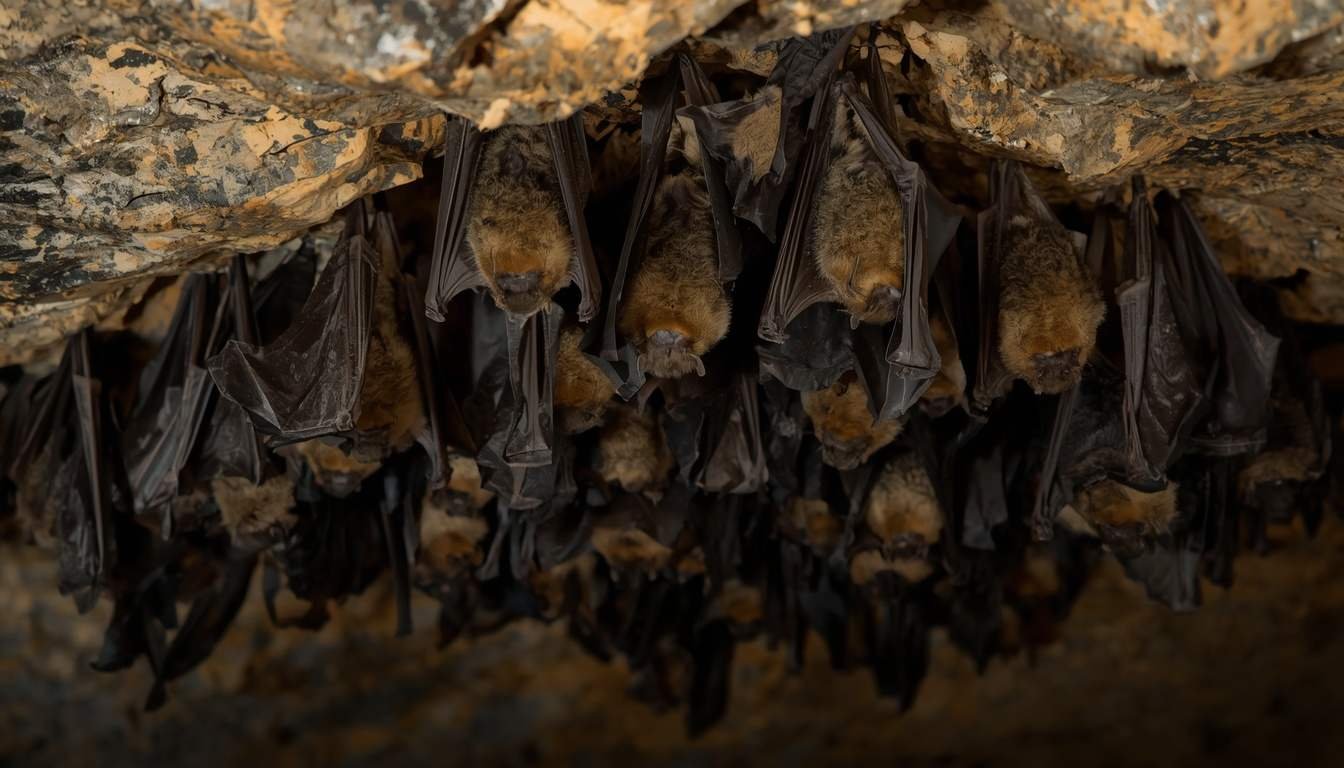 Alt Text: Cluster of bats roosting in a shadowed section of a cave
