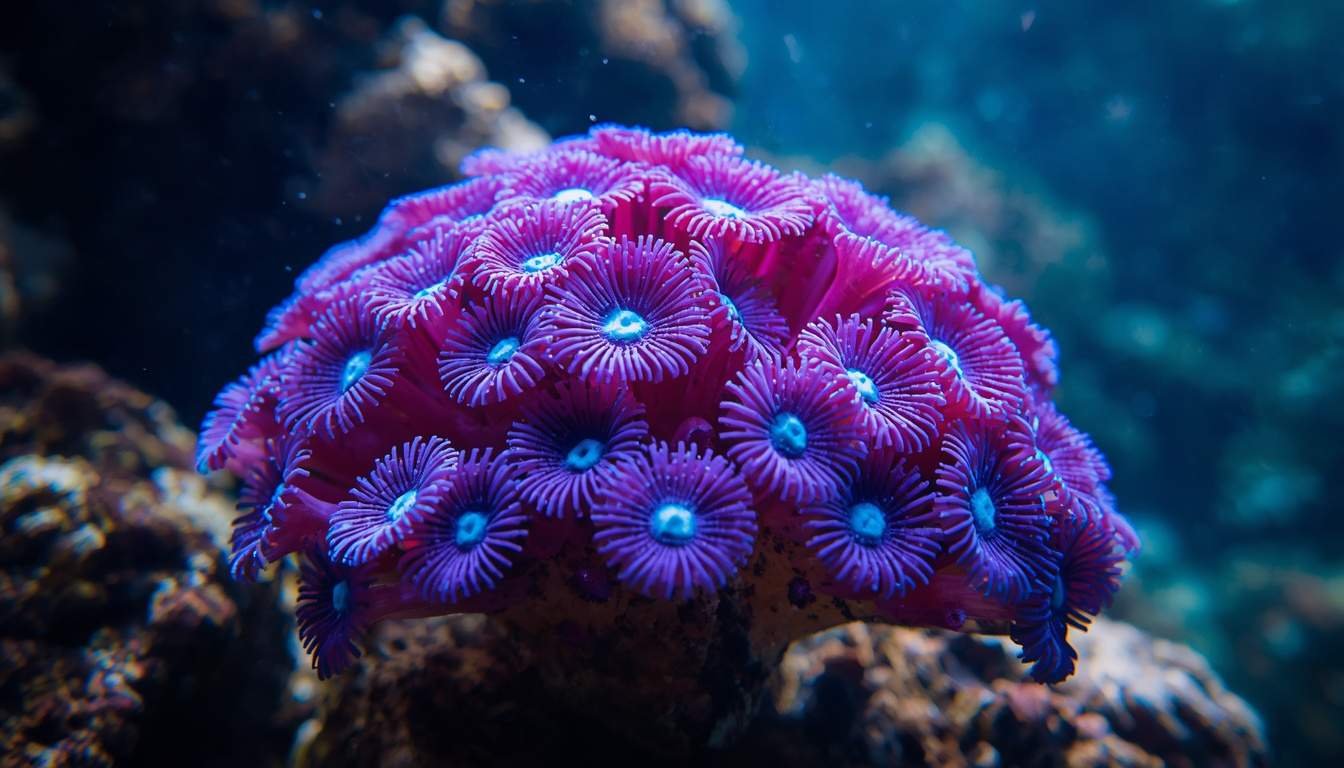 Alt Text: Coral colony displaying vivid purple and blue coloring
