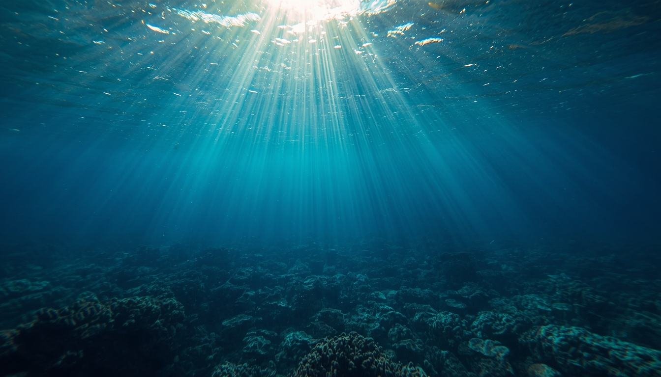 Alt Text: Sunlight filtering through water onto a shallow coral reef
