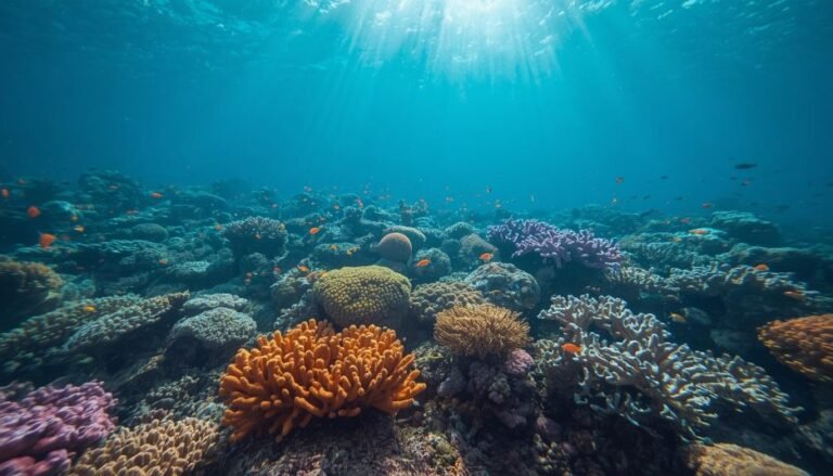 Alt Text: Vibrant coral reef with corals in multiple colors underwater