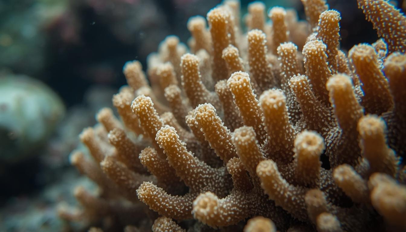 Alt Text: Close-up of coral polyps showing brownish-green coloring
