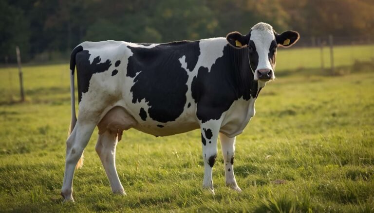 Holstein cow standing in a pasture showing its black and white spotted coat pattern