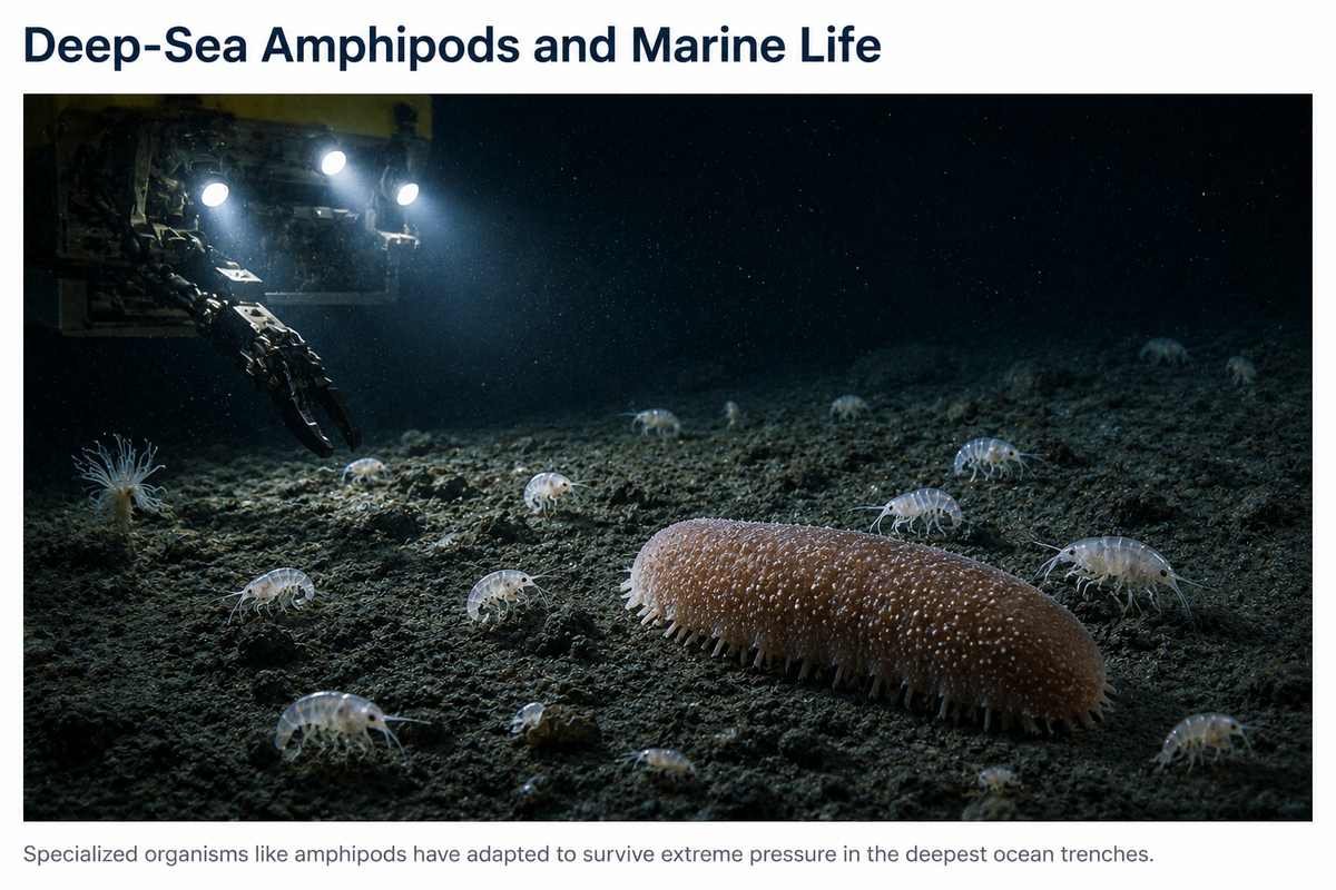 Deep-sea amphipods and marine life on the ocean floor