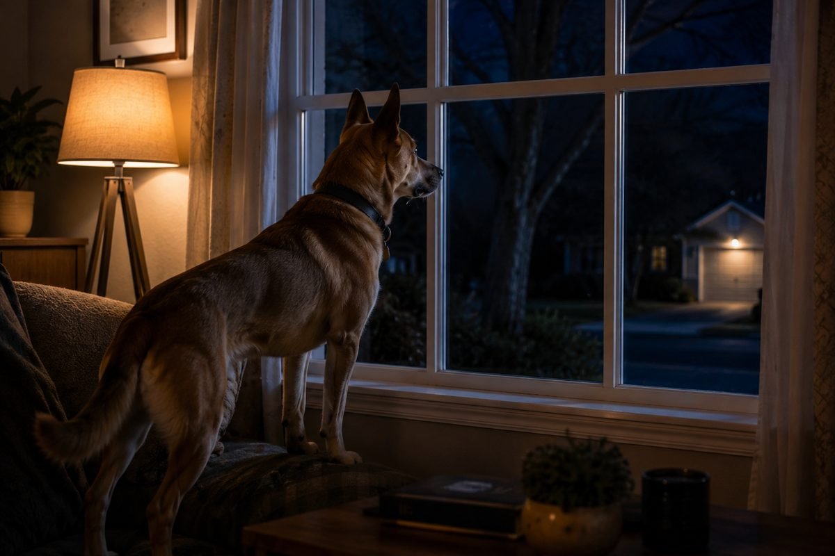 Dog barking at night in a quiet residential yard
