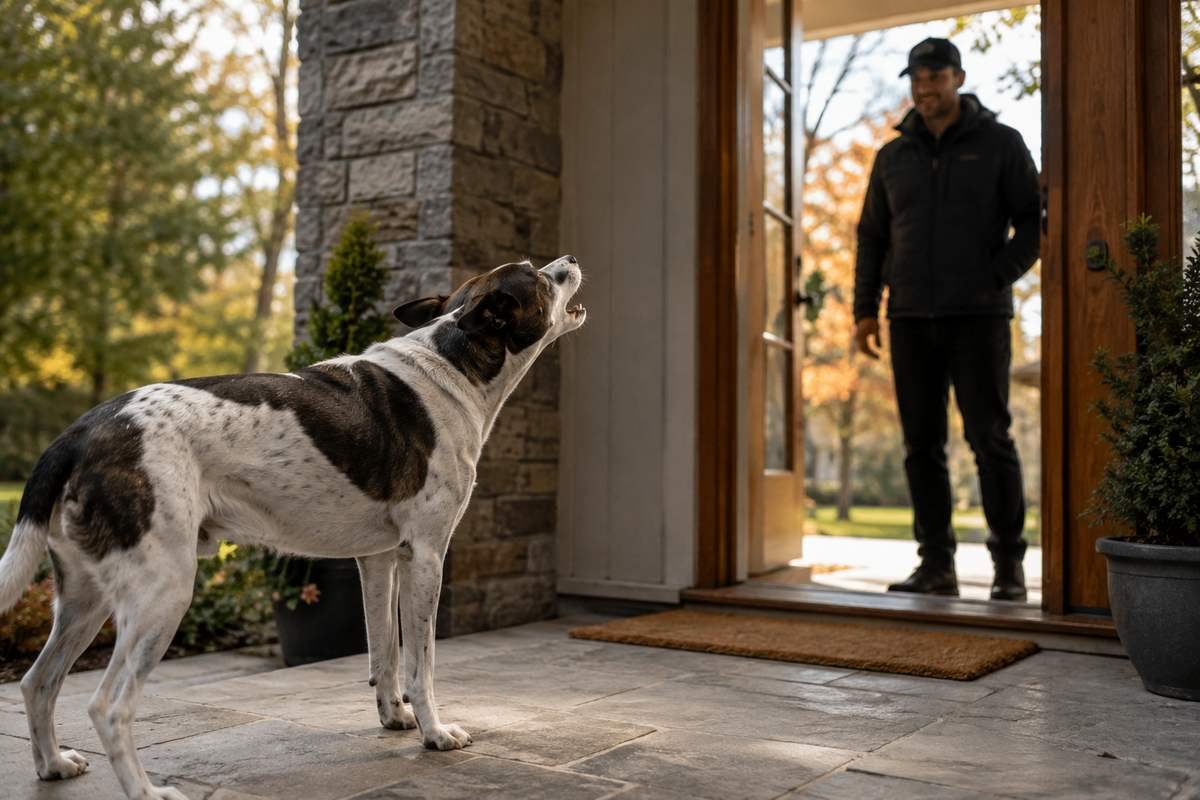 Dog barking at a visitor near the front door