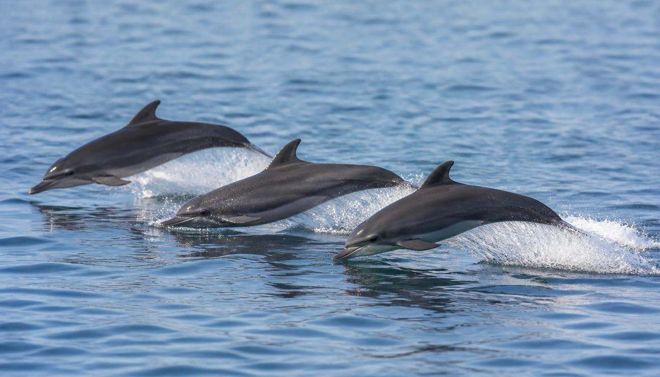 Pod of dolphins porpoising while swimming quickly