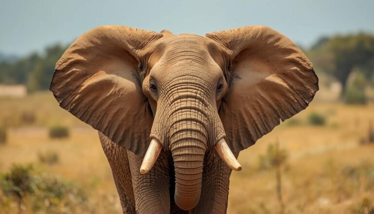 African elephant flapping its large ears in a sunny savanna Caption: