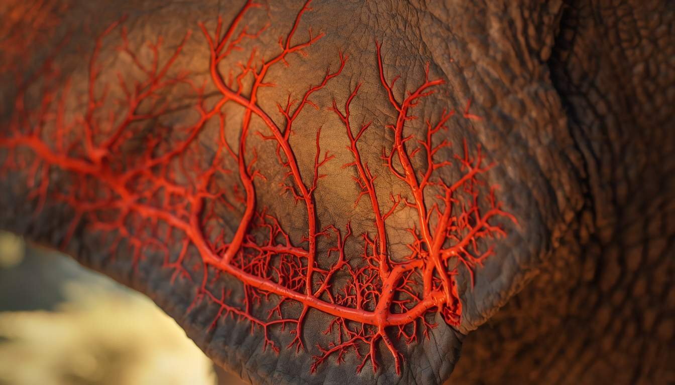 Close-up of the blood vessel network visible in an elephant's ear