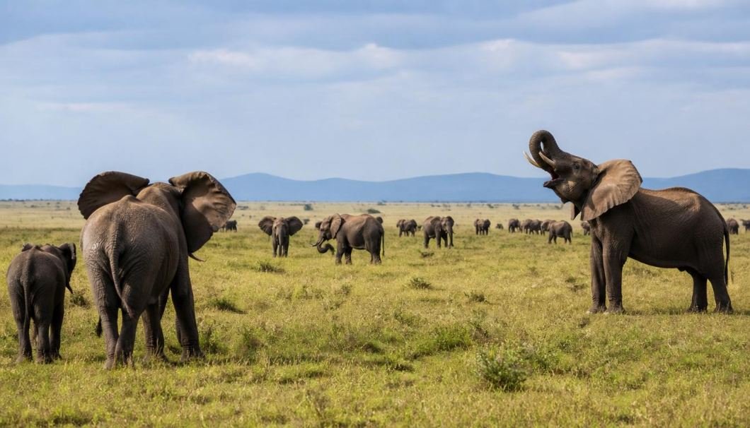 Elephant herd spread across grassland with one elephant calling out