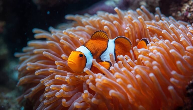 Orange and white clownfish resting among sea anemone tentacles