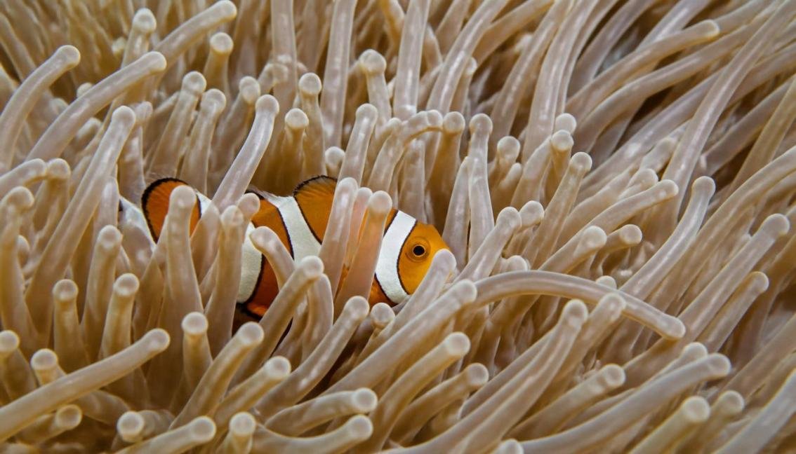 Clownfish partially camouflaged among sea anemone tentacles