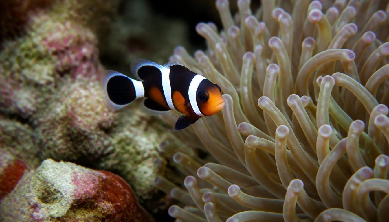 Juvenile clownfish with developing white stripes near a sea anemone